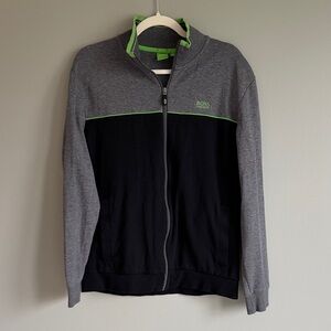 Boss Gray and Black Zip-Up Sweater with Lime Trim